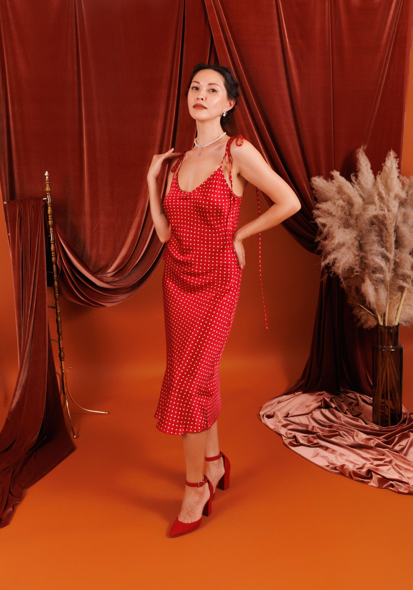 VIVIENNE Midi Slip Dress in Red with Dots