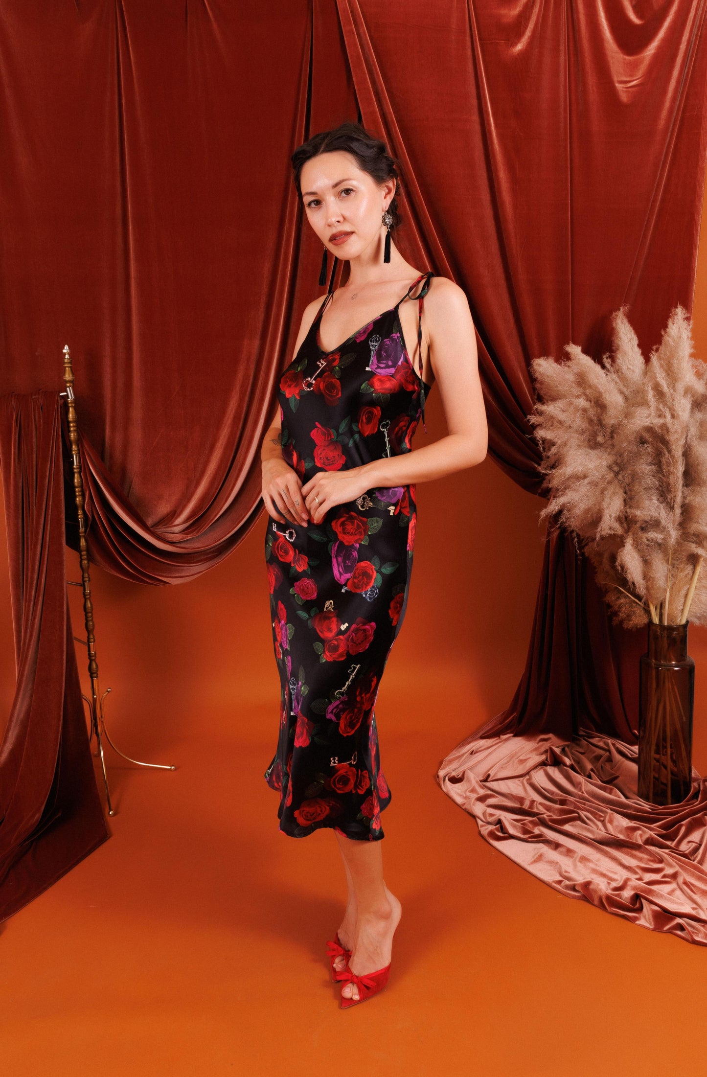 VIVIENNE Midi Slip Dress in Black with Red Roses