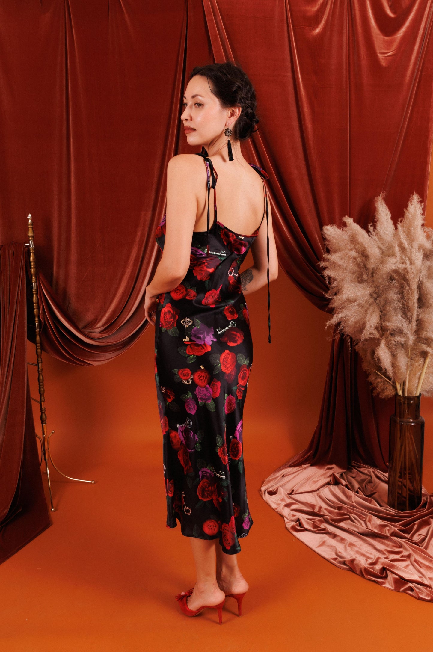 VIVIENNE Midi Slip Dress in Black with Red Roses