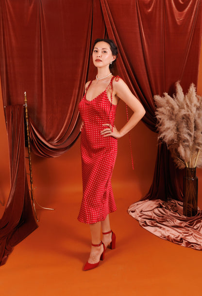 VIVIENNE Midi Slip Dress in Red with Dots